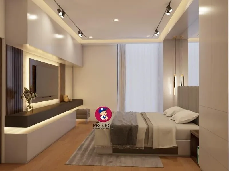 Custom bedroom wardrobe with sliding glass door and internal LED lighting